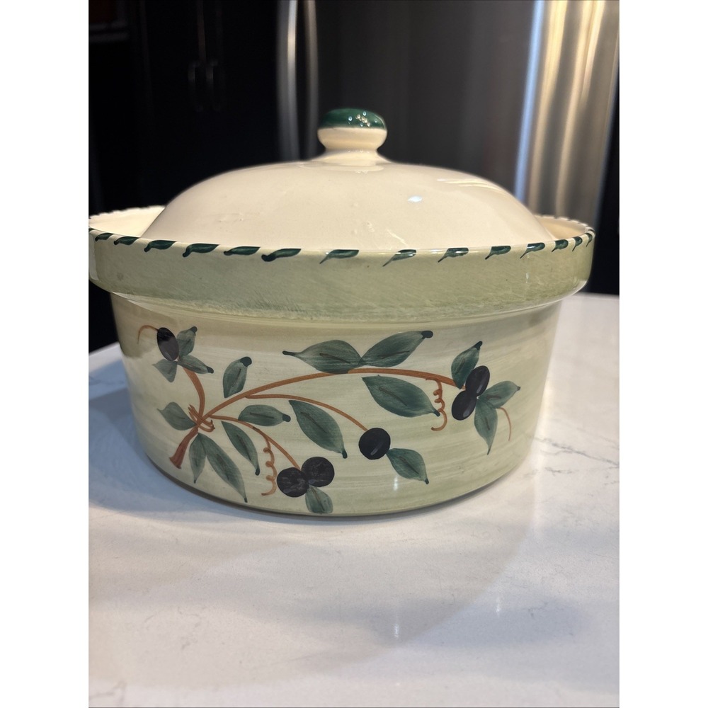 Casserole Dish Bowl WILLIAMS SONOMA LIGURIA 2.75 QUART OLIVE BRANCHES GREEN EDGE
